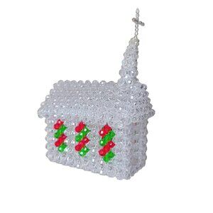 Handcrafted Beaded Church With Cross Clear Red & Green Beads sparkle table decor